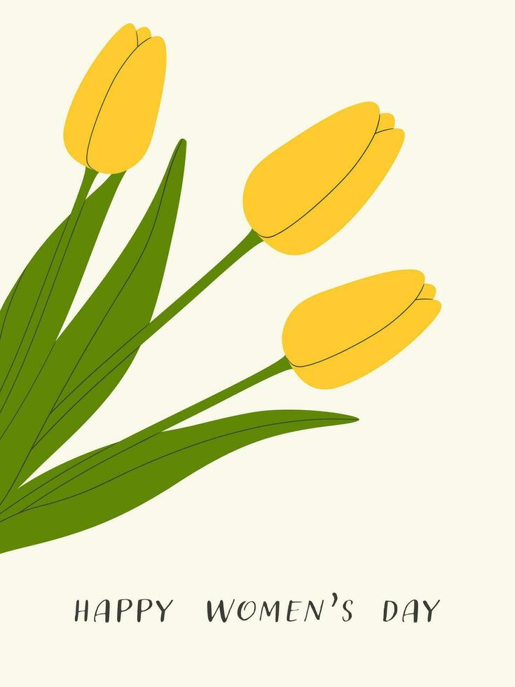 Lycklig kvinnors dag hälsning kort med gul tulpaner. vektor