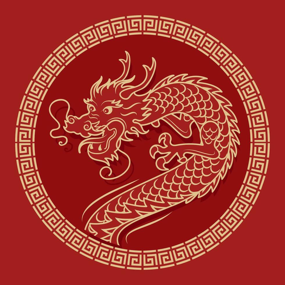 Chinesisch Neu Jahr von das hölzern Drachen. hell Vektor Jahrgang Banner mit Gold Muster, asiatisch Stil. Antiquität Muster. zum Poster, Banner, Flyer, Werbung