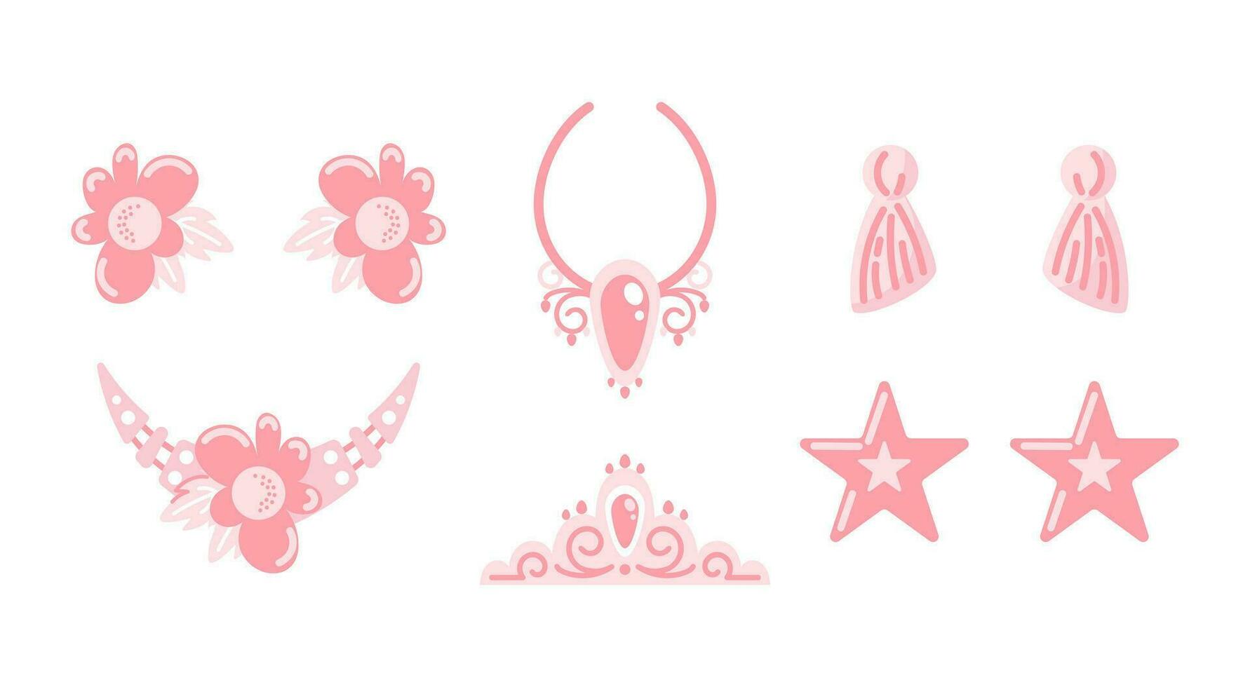 en uppsättning av rosa plast Tillbehör för en docka. stjärna örhängen, tofsar och blommor, halsband, diadem eller tiara. för klistermärken, affischer, vykort, design element vektor