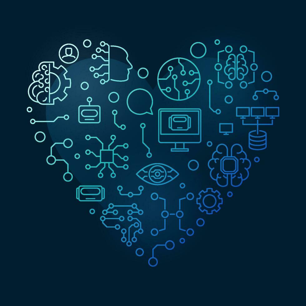 maskin inlärning - ml teknologi begrepp blå hjärta formad översikt baner vektor