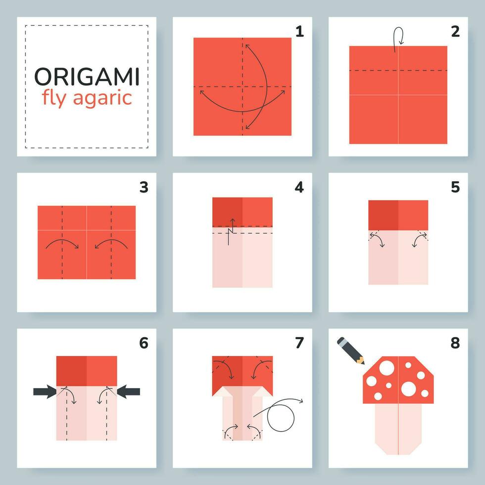 fliegen Agaric Origami planen Lernprogramm ziehen um Modell. Origami zum Kinder. Schritt durch Schritt Wie zu machen ein süß Origami Pilz. Vektor Illustration.