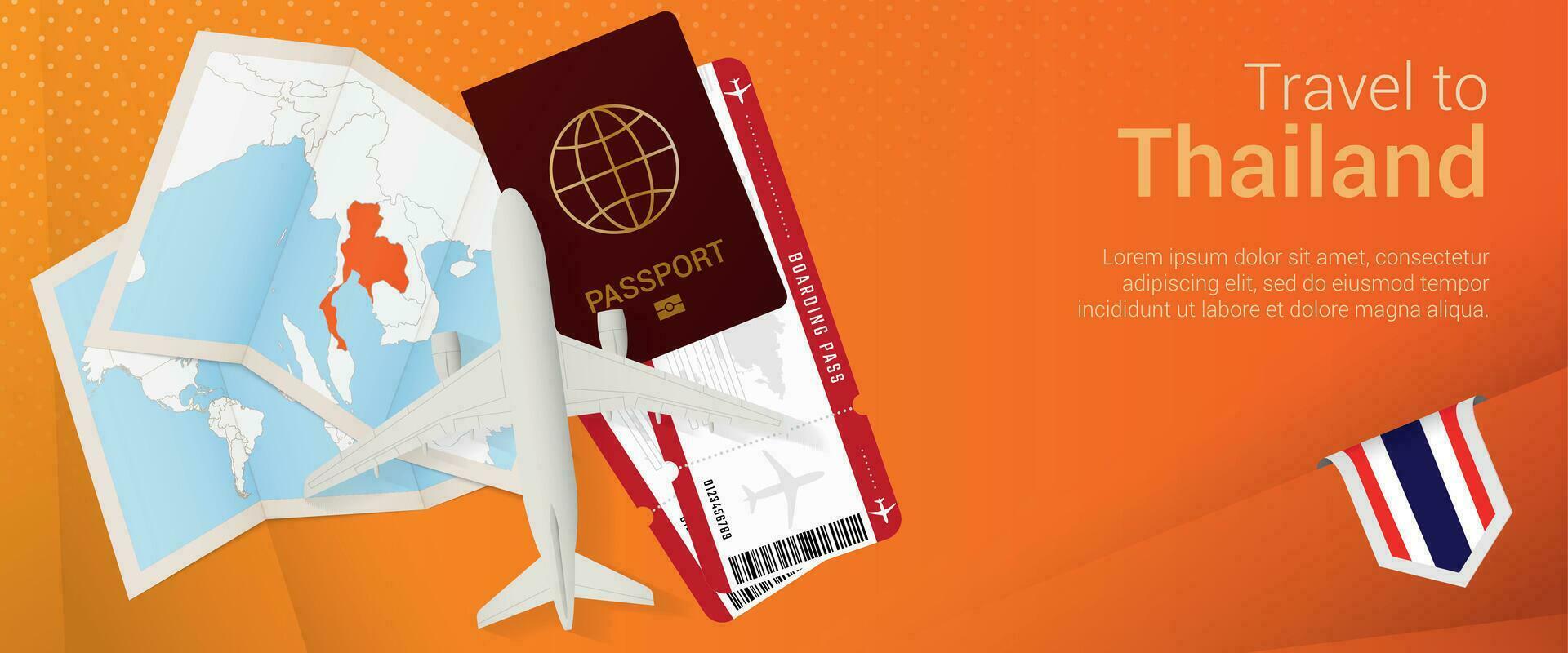 Reise zu Thailand Pop-under Banner. Ausflug Banner mit Reisepass, Eintrittskarten, Flugzeug, Einsteigen passieren, Karte und Flagge von Thailand. vektor