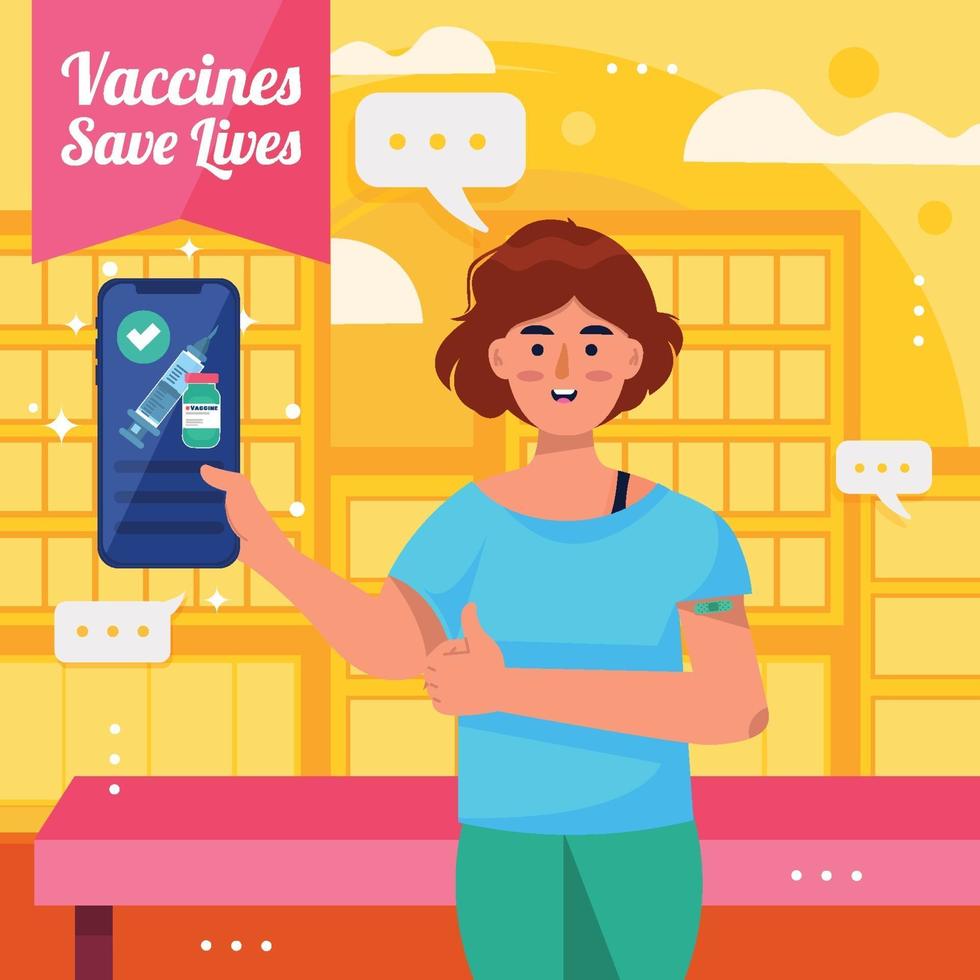 flicka visa sitt vaccinationsintyg i sin smartphone vektor