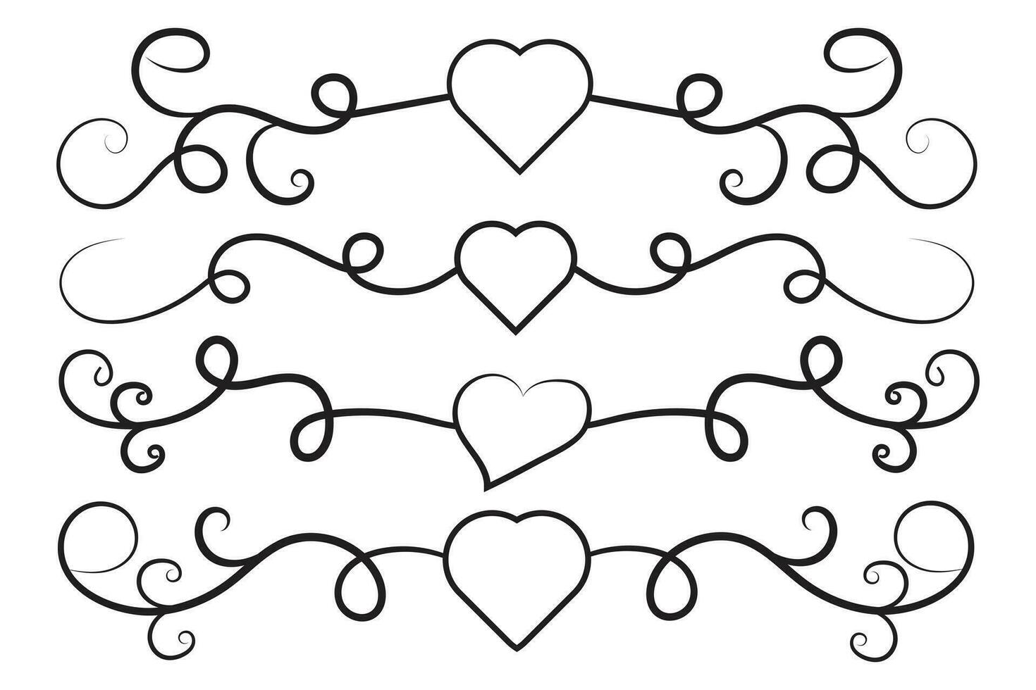 filigran lockigt calligraphic hjärta, fint linje krusidullar virvlar hjärtan, kurva romantisk kärlek separator, valentines dag delare frodas virvla runt, kalligrafi frodas text rubrik hjärtan skrolla vektor