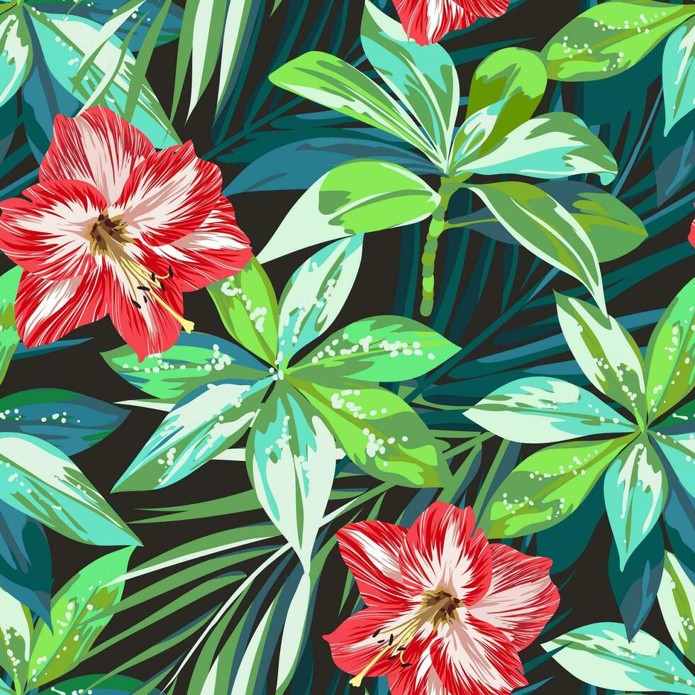 hell bunt tropisch nahtlos Hintergrund mit Blätter und Blumen vektor
