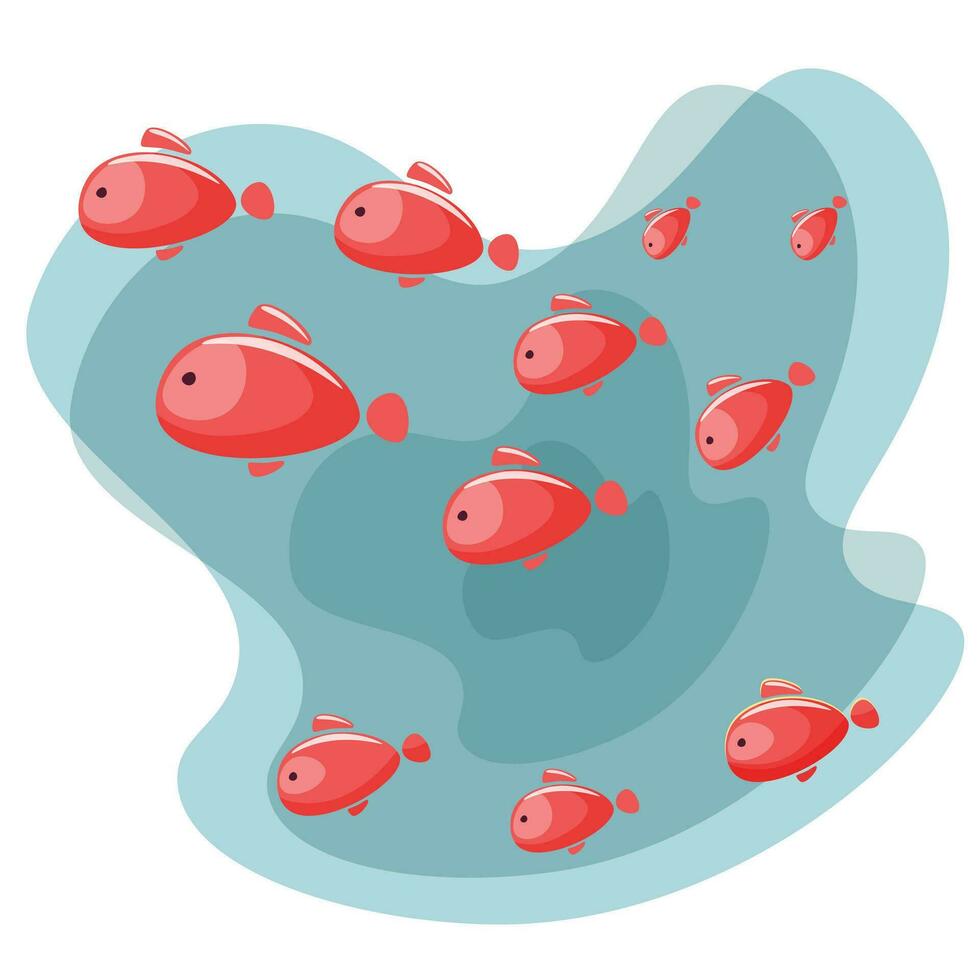 ein Gruppe von Rosa Fisch von anders Größen, gegen das Hintergrund von ein Blau Meer, Wasser. Karikatur, eben Illustration zum Postkarten, Bücher, Alben, Designs auf ein Marine Thema, Kinder- Kleidung. vektor