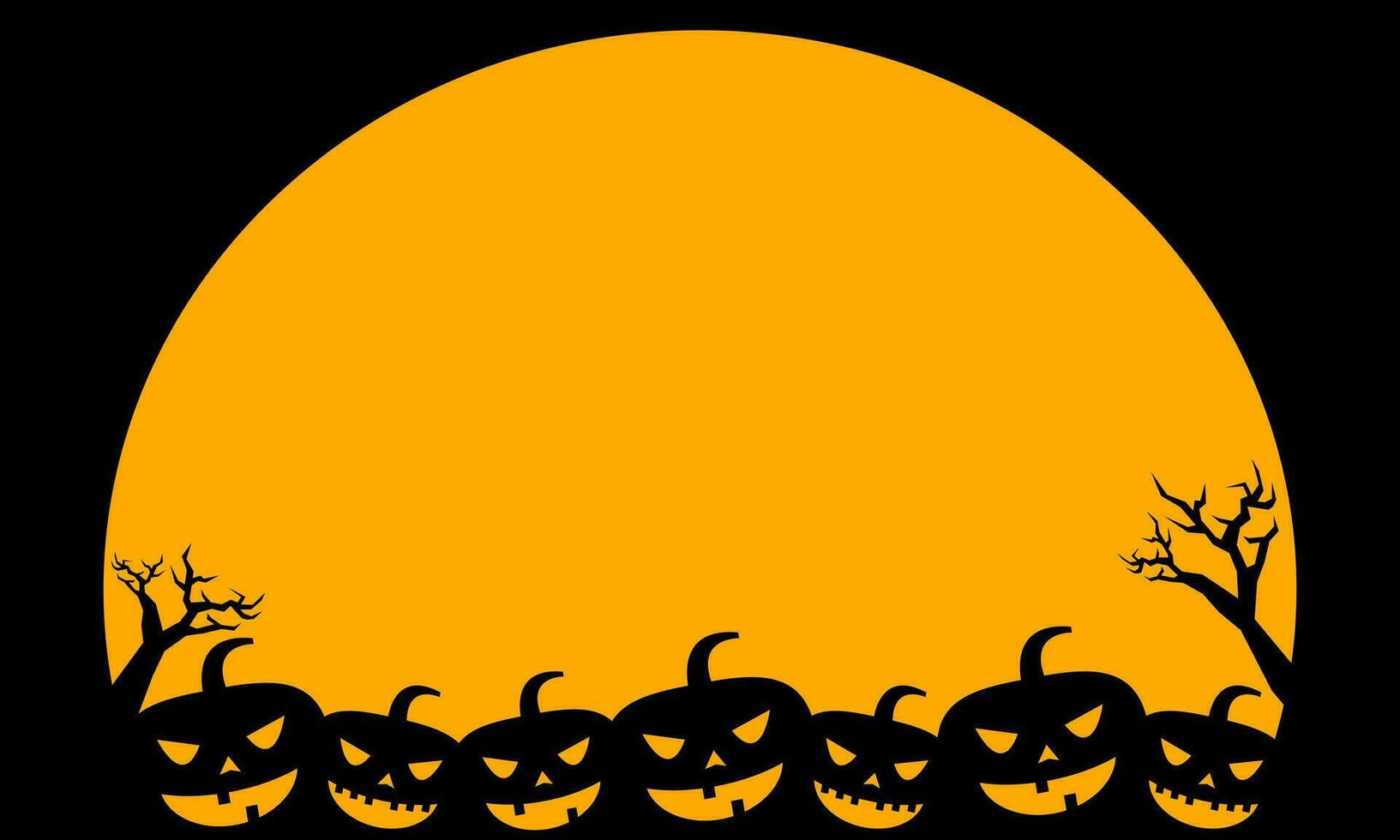 Gelb schwarz Halloween Illustration Vektor Grafik Hintergrund mit Kürbisse Kopf, gruselig Baum Geäst und Stämme, ein groß voll Mond, und ein Kopieren Raum Bereich