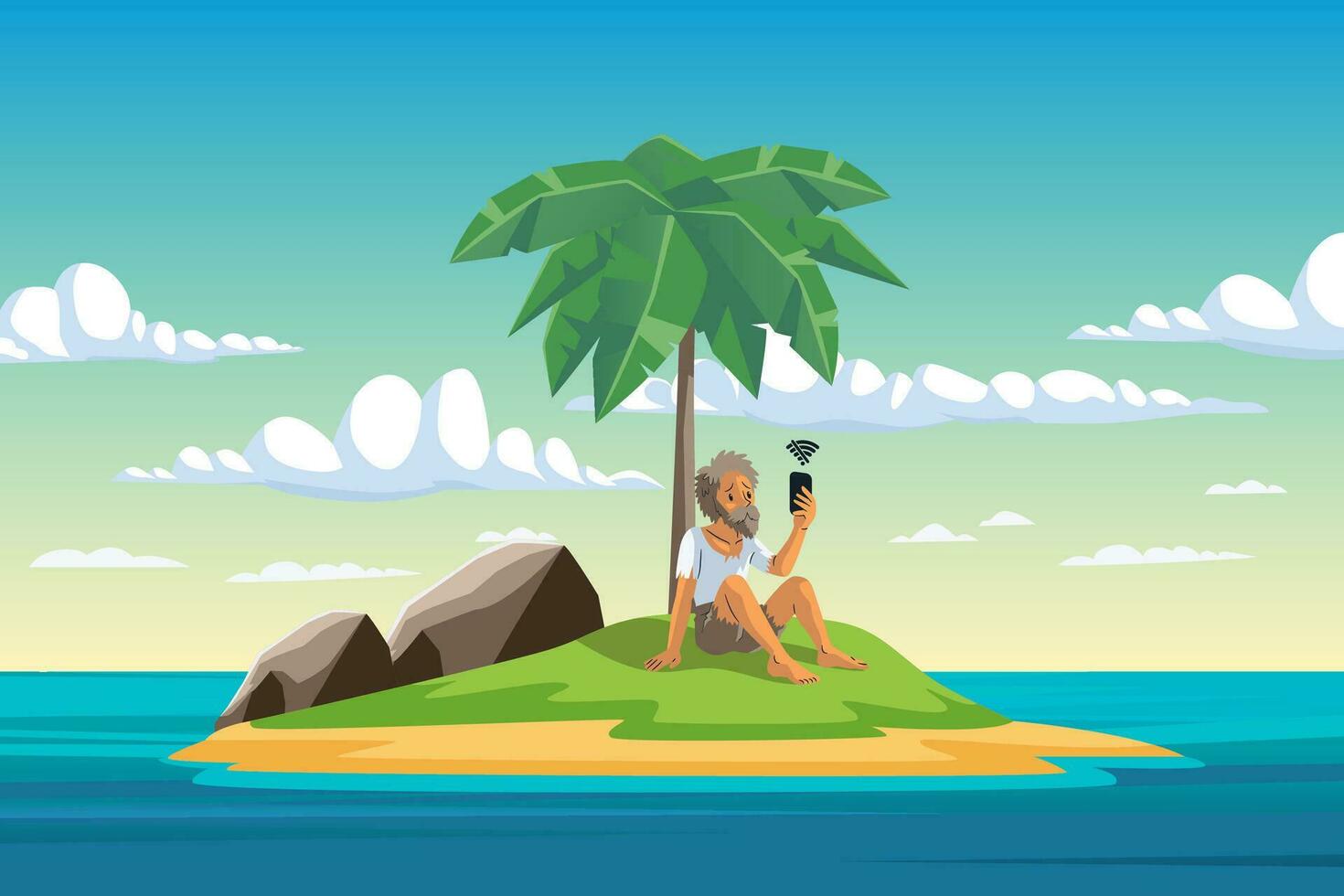 en ledsen kasta bort man, stranded på ett ö i de mitten av de hav med Nej telefon signal, vektor illustration