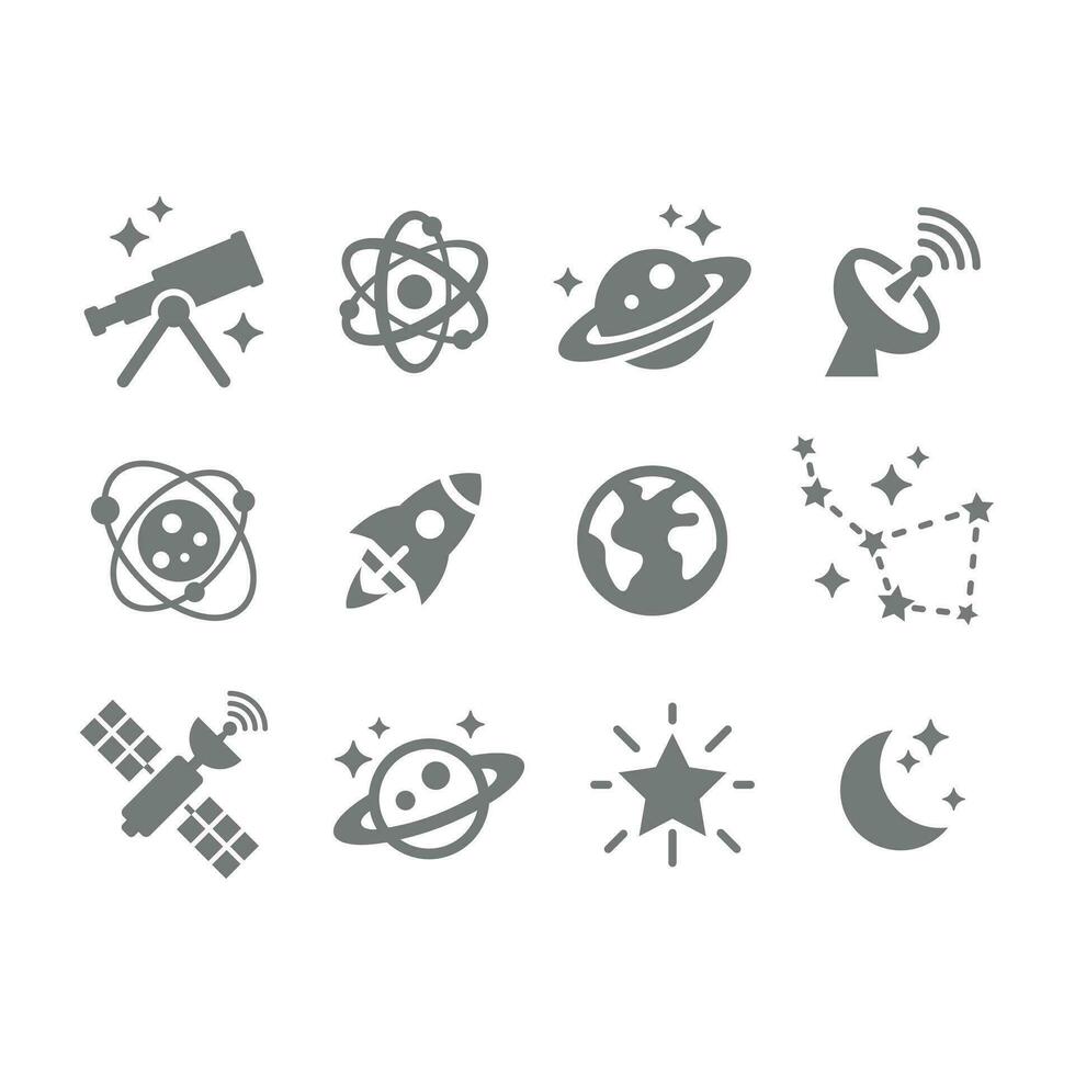 Raum und Astronomie Vektor Symbol Satz. Planet, Rakete und Teleskop Symbole.