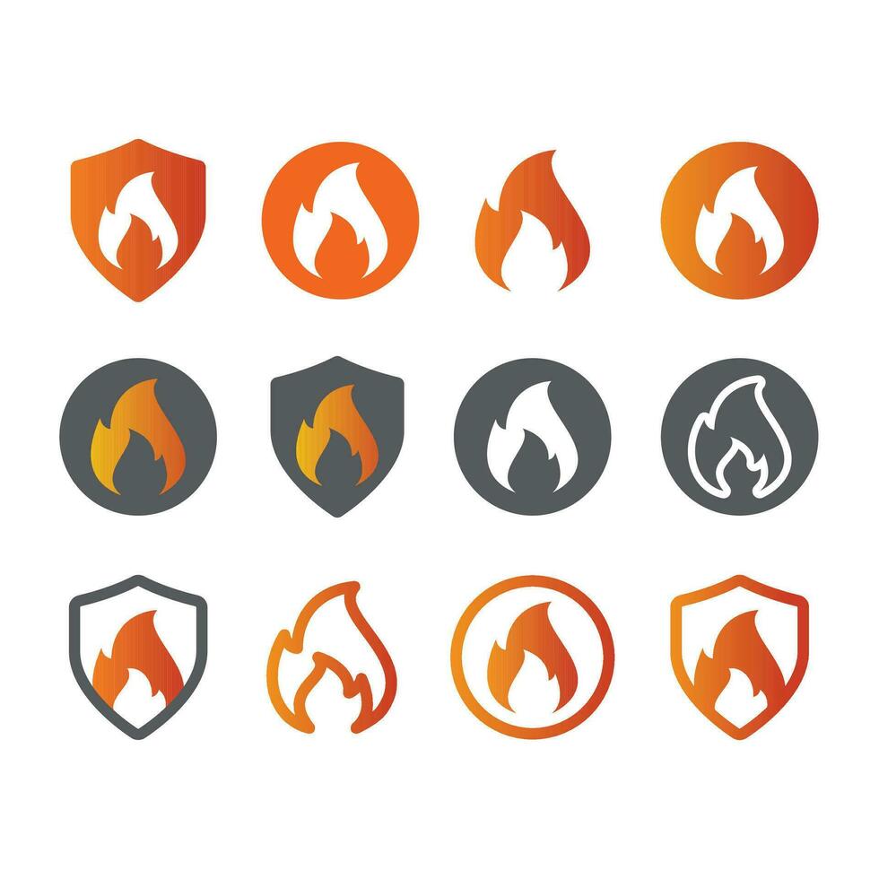 Feuer und Flamme Vektor Symbol Satz. Flammen im Schild und Kreis bunt Symbole.