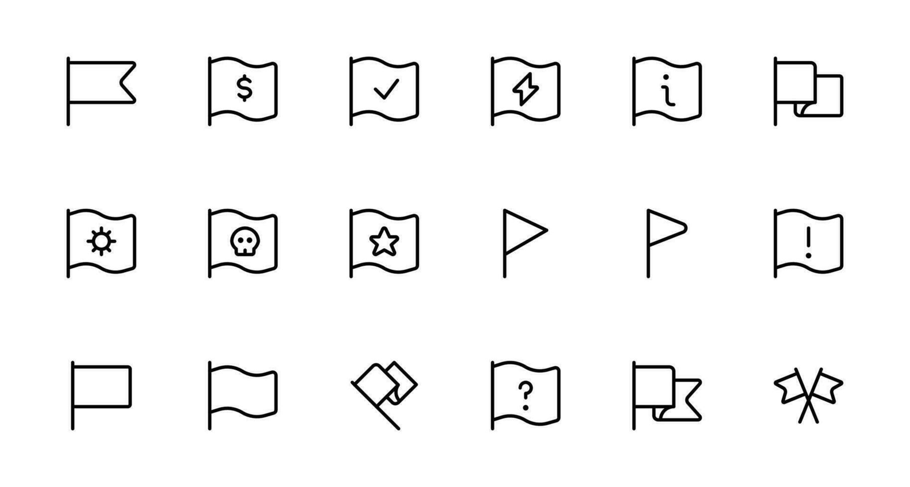 Flagge Linie Symbol Satz. kariert Flaggen, Ort Marker, winken Wimpel, Lesezeichen, Stift minimal Vektor Illustrationen. einfach Gliederung Zeichen zum Netz Karte Anwendung. zum Netz Buchseite, Handy, Mobiltelefon Anwendung, ui, ux Design.