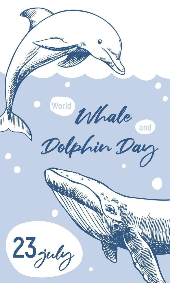 värld val och delfin dag juli 23:e. vektor vertikal affisch. valar är dragen förbi hand, gravyr Metod, linje teckning. hav djur simma i de hav miljö- skydd begrepp. hav dag.