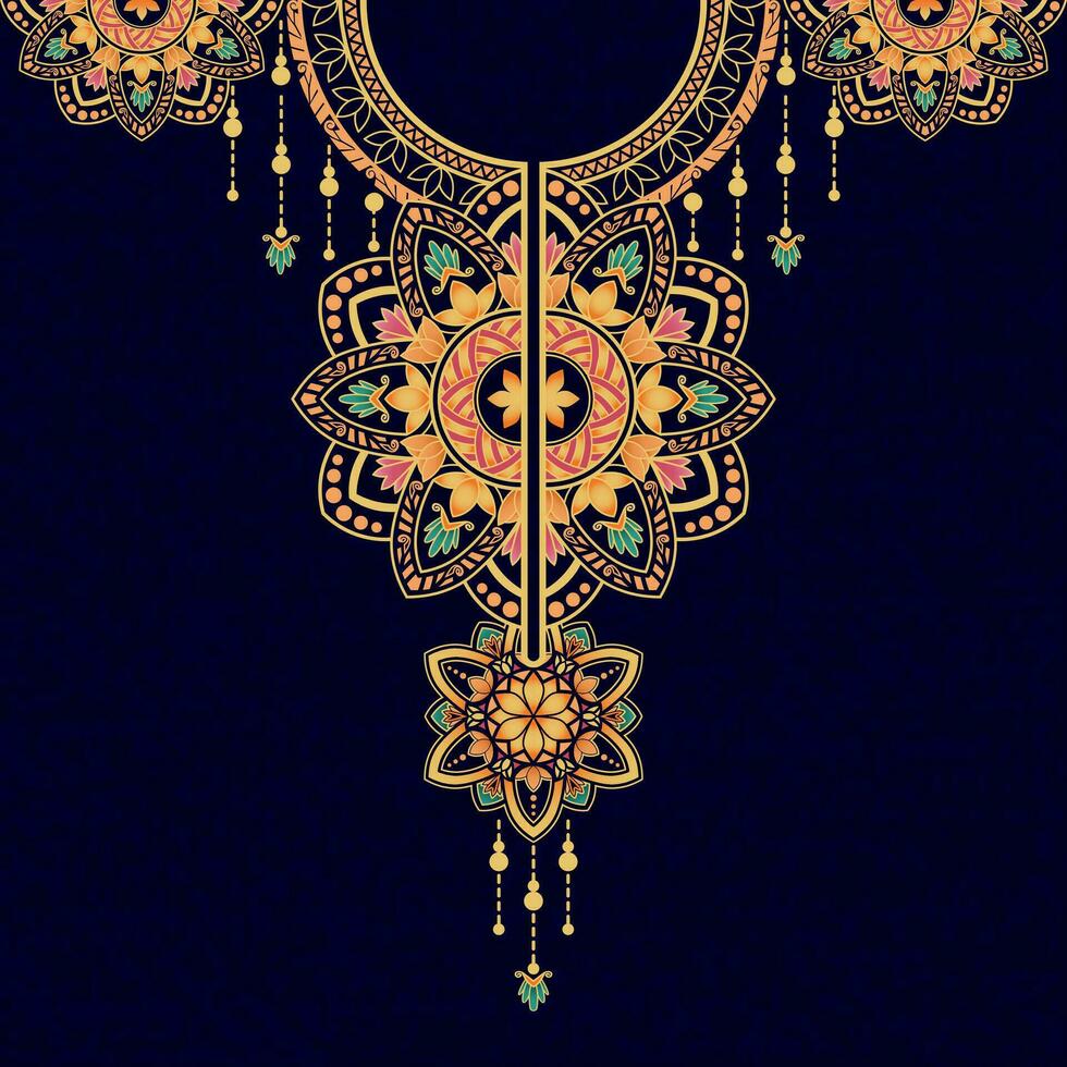 Luxus Mandala Muster im Gold und Blau Farben zum Stickerei und Dekoration auf das Hals von das Kaftan Kleid, Bluse, und Vorderseite Schlitz kleiden.die Hals Design mit das Mandala Motive im hell Farben. vektor