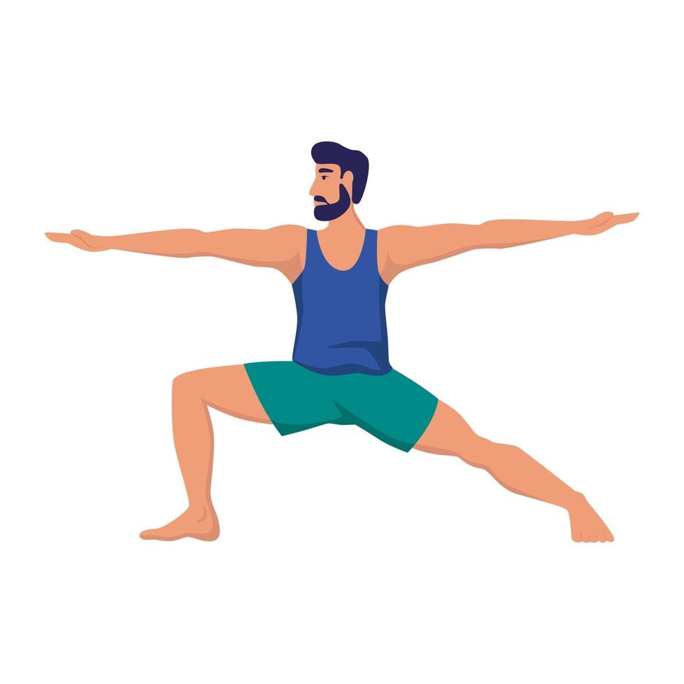 en ung man gör yoga och står i en krigarposition vektor