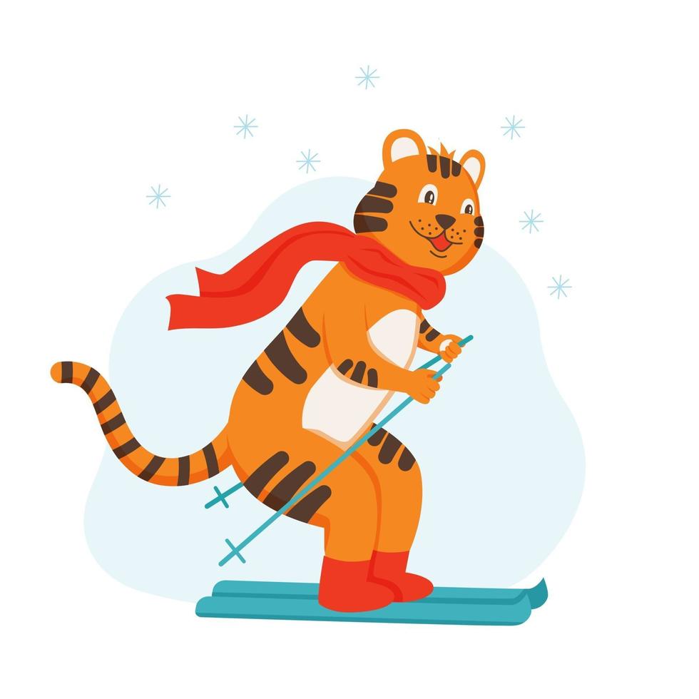 Das Charakter-Tigerjunges reitet auf Skiern. Januar, das Symbol des Jahres vektor