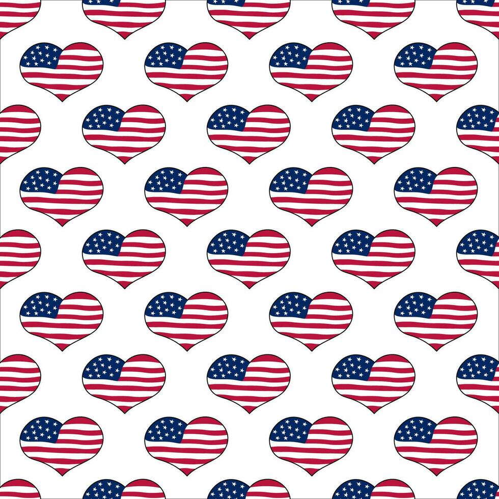 amerikan flaggor sömlös mönster. vektor bakgrund med klotter hjärta oss symboler. förenad stater av Amerika design element. upprepa illustration