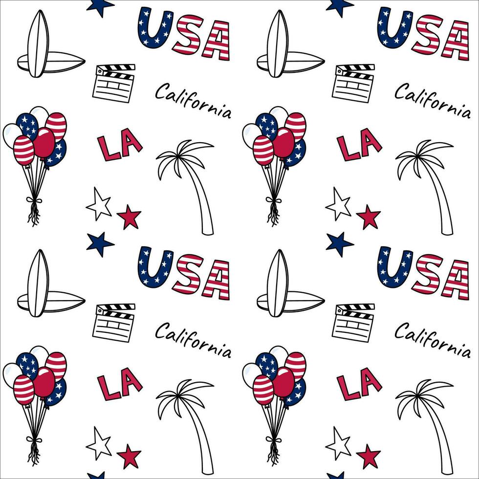 Kalifornien Muster. USA nahtlos Vektor Hintergrund mit los Engel Gekritzel Symbole. vereinigt Zustände von Amerika Design Elemente. wiederholen Illustration