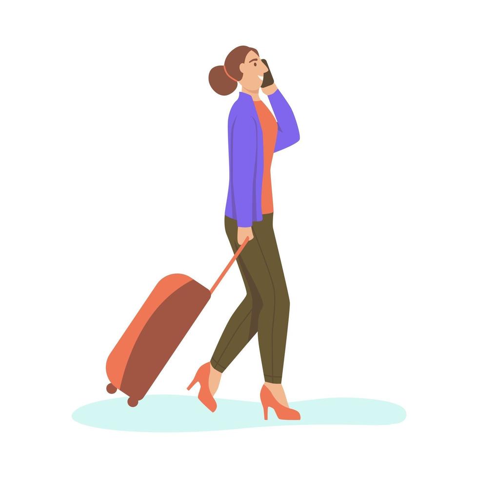 en ung kvinna med en resväska går och pratar i telefon. vektor