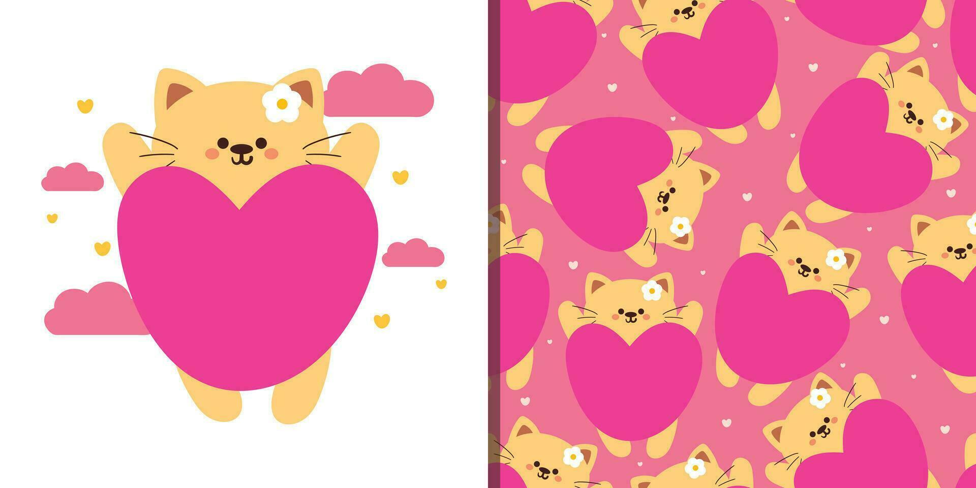 söt uppsättning av djur- tapet och kort. sömlös mönster tecknad serie katt med stor rosa hjärta. söt djur- tapet för textil, gåva slå in papper vektor