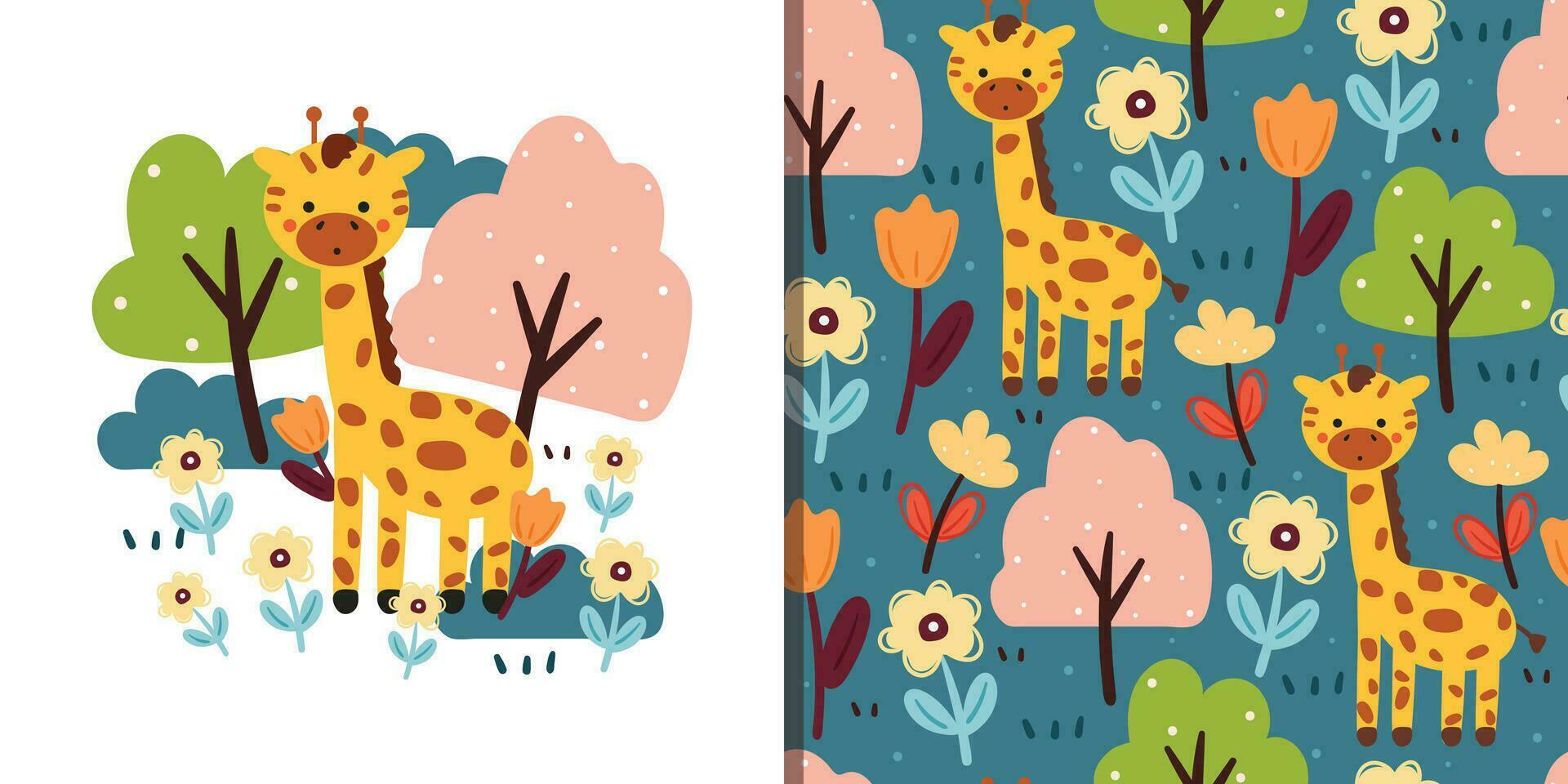 sömlös mönster och kort tecknad serie giraff, blomma och växt. söt djur- kort och mönster för gåva slå in papper vektor