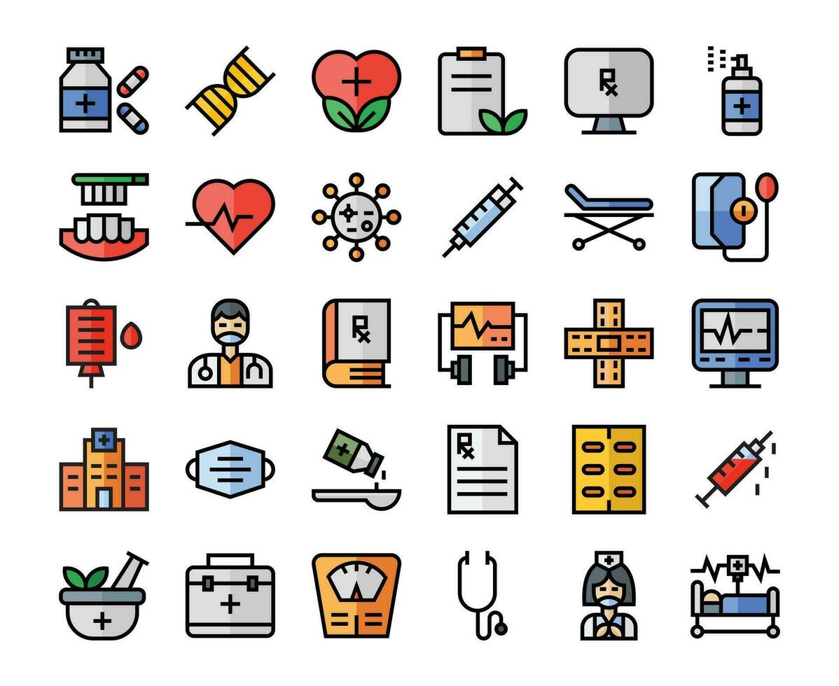 medizinisch gefüllt Gliederung Symbole Satz. das Sammlung beinhaltet von Geschäft Entwicklungen, Programmierung , Netz Design, App Design und mehr. vektor