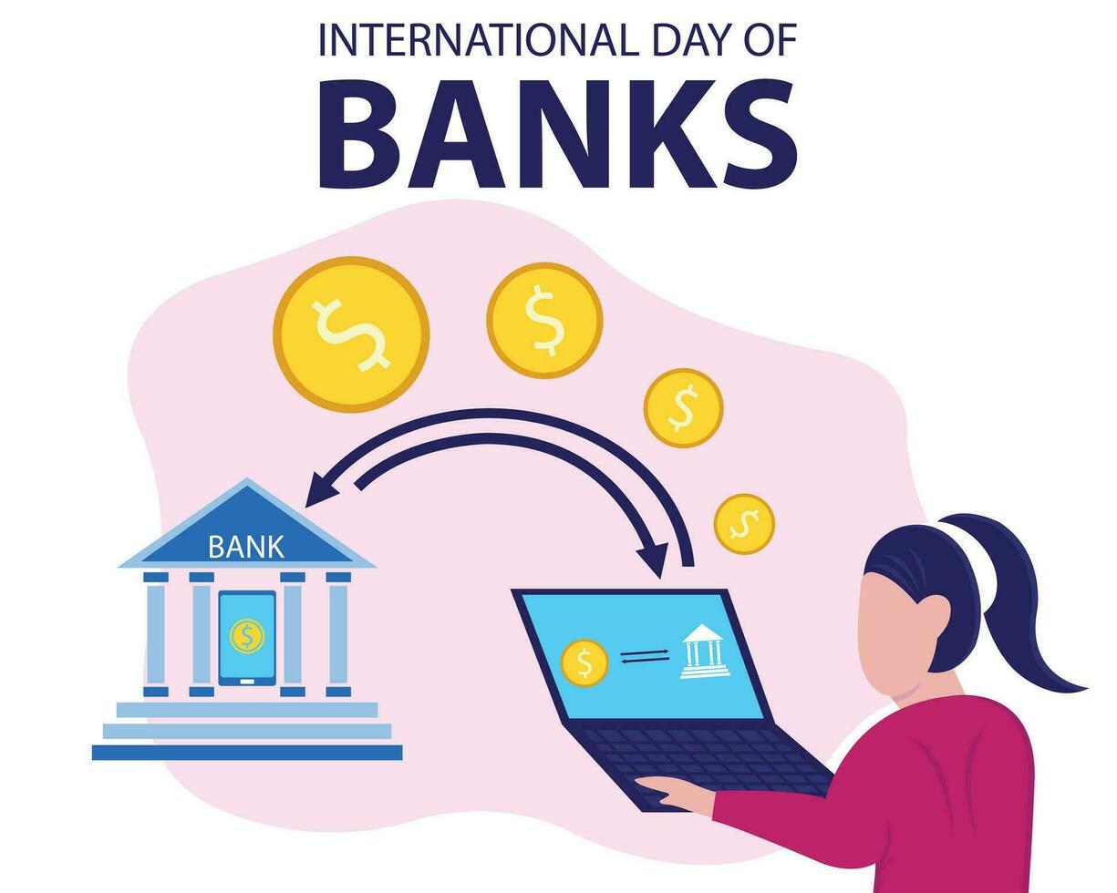 Illustration Vektor Grafik von ein Frau Transfers Geld zu das Bank mit ein Laptop, perfekt zum International Tag, International Tag von Banken, zelebrieren, Gruß Karte, usw.