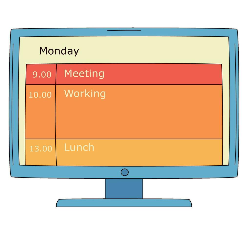Computer mit Täglich Zeitplan auf Monitor Bildschirm im Karikatur Stil. eben Stil Vektor Illustration isoliert auf Weiß Hintergrund.