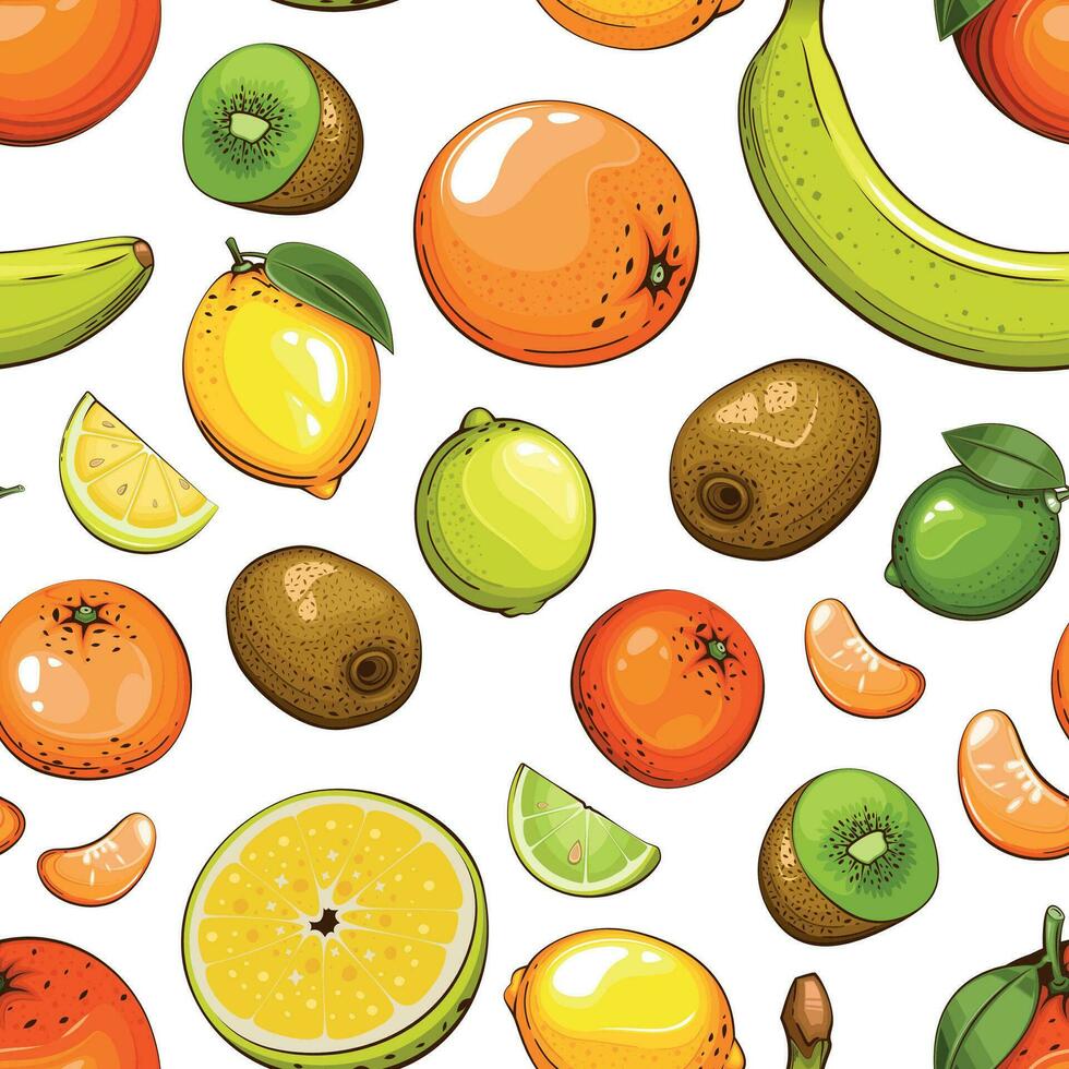 färgrik sömlös mönster med färsk frukter. sömlös mönster med citrusfrukter. mat mönster. frukt bakgrund. blandad frukt mönster. kök vibrerande design. färgrik vektor illustration