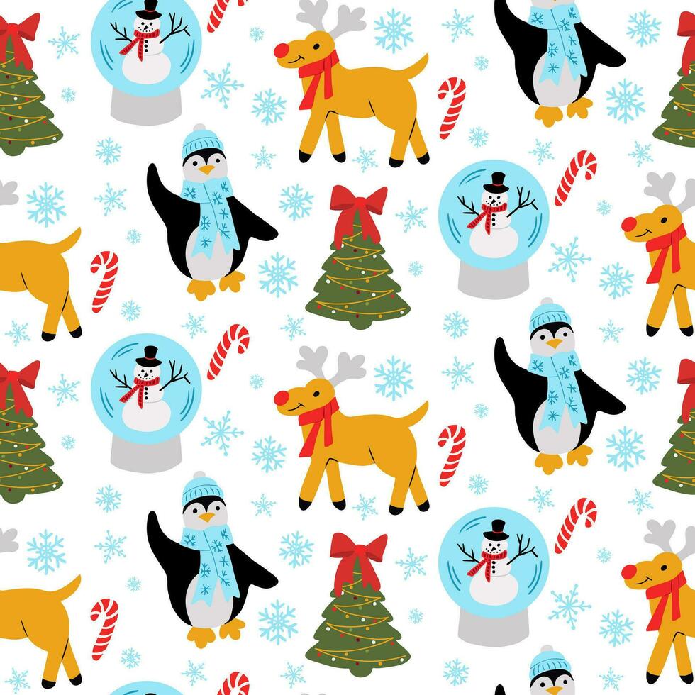 barnslig jul sömlös mönster med Semester träd, pingvin, ren och snögubbe. rolig färgad tecken i platt tecknad serie stil på vit bakgrund. idealisk design för textil, omslag papper. vektor