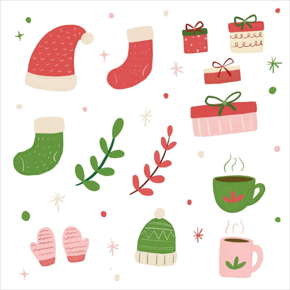 jul vektor uppsättning av element med hatt, strumpa, kaffe, gåva, blad. klistermärken uppsättning. hand dragen stil