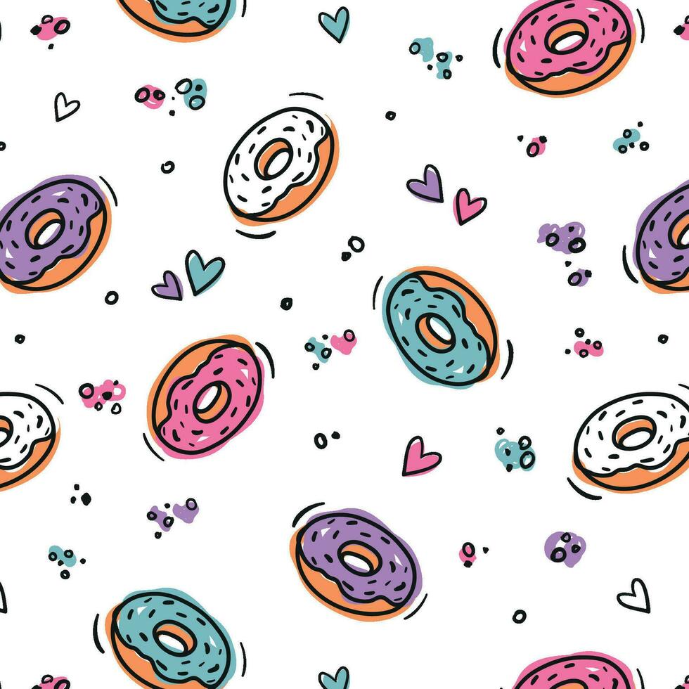 fliegend Donuts Gebäck Muster nahtlos wiederholen Kuchen Rosa Blau lila Pastell- farbig Glanz Mädchen Karikatur Gekritzel Hintergrund Hintergrund wickeln Verpackung Design Glückwunsch glücklich Geburtstag Bäckerei Backen Kunst vektor