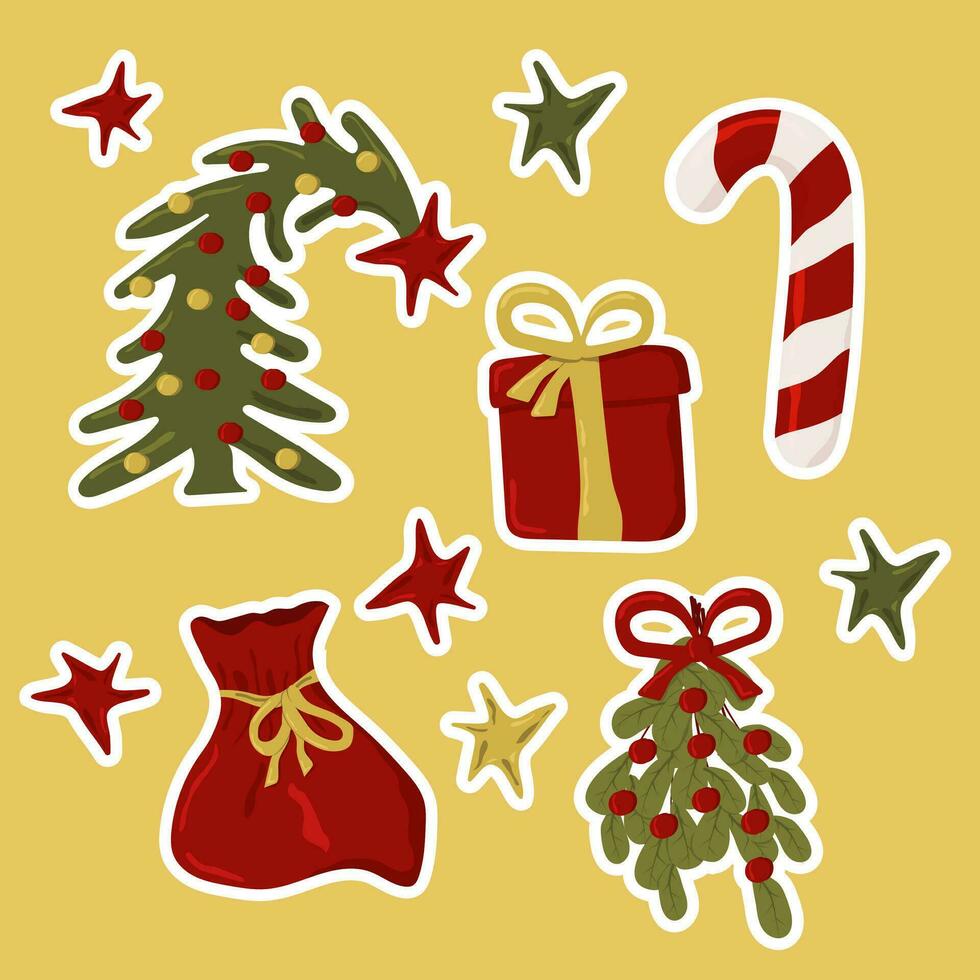 jul klistermärken, santa claus, smällare, pepparkaka man, tomtebloss, klocka, jul strumpa, gåva väska och mistel vektor