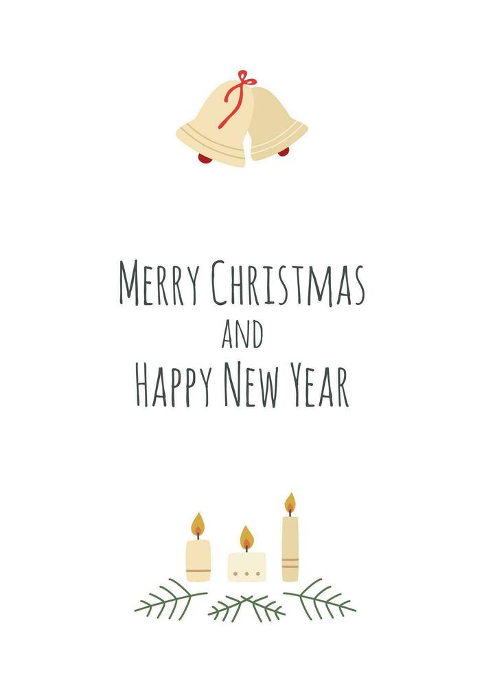 jul hälsning kort med dekorerad klockor, ljus och grenar, vit bakgrund och de text glad jul och Lycklig ny år vektor