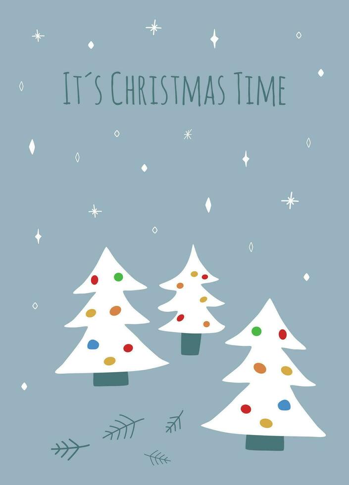 Weihnachten Gruß Karte mit dekoriert Weiß Bäume, Weiß Sterne und Grün Geäst, Blau Hintergrund und das Text es ist Weihnachten Zeit vektor