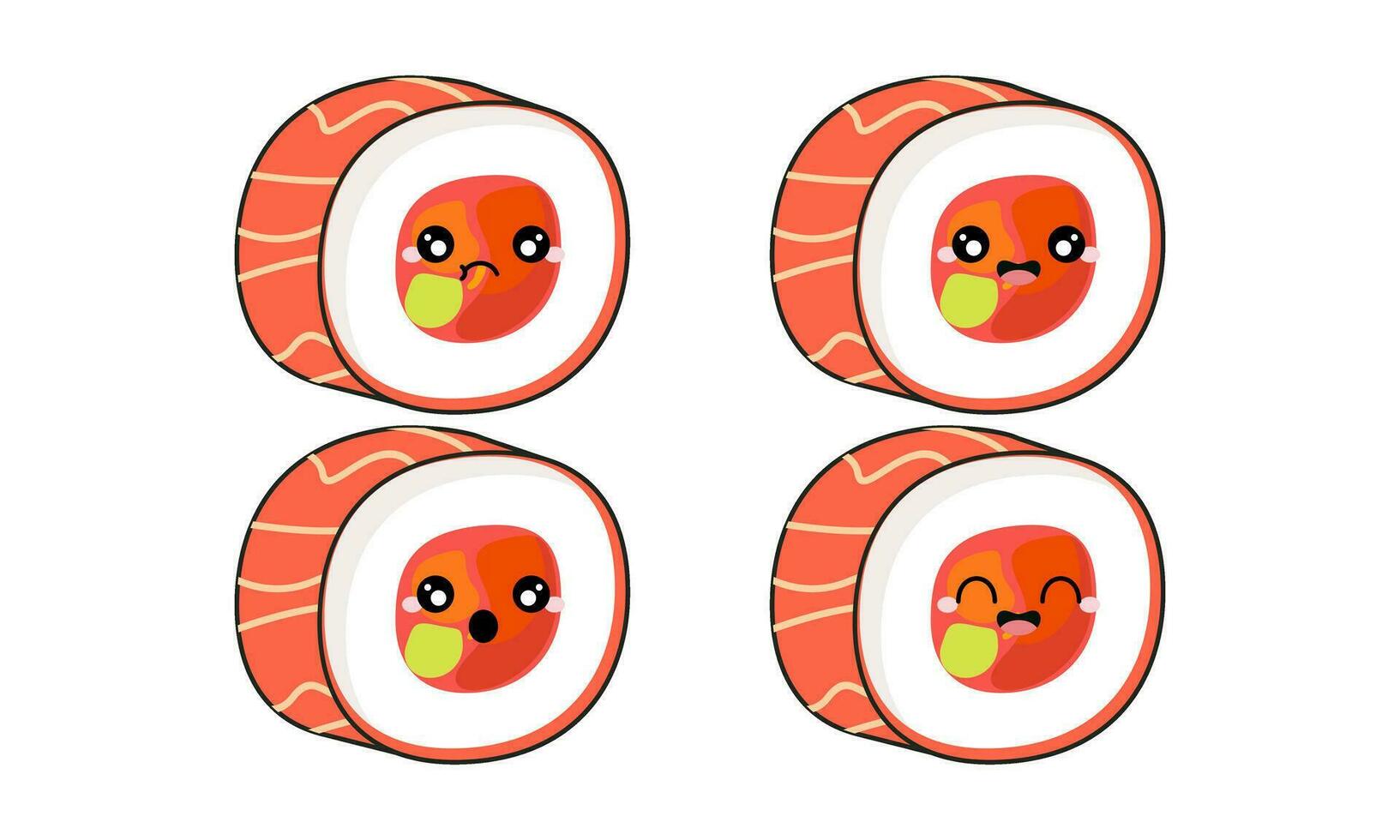 hand dragen olika söt söt sushi, rullar, sashimi karaktär japansk livsmedel illustration vektor