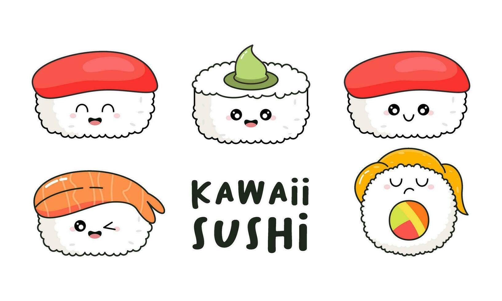 Hand gezeichnet verschiedene süß kawaii Sushi, Rollen, Sashimi Charakter japanisch Lebensmittel Illustration vektor