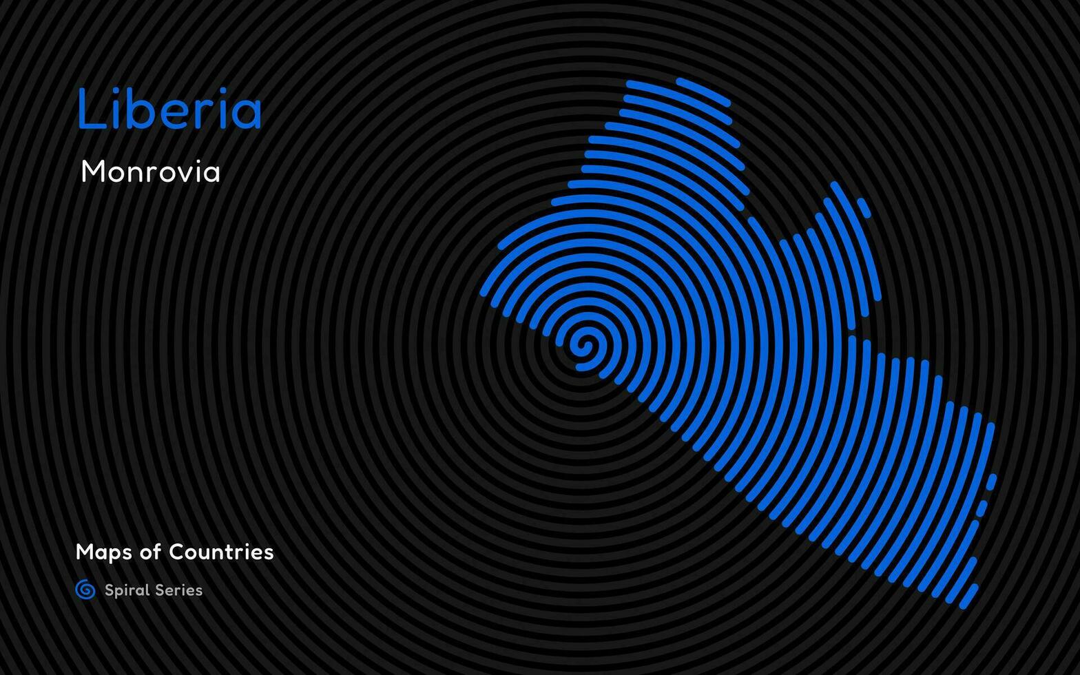 abstrakt Karta av Liberia i en cirkel spiral mönster med en huvudstad av monrovia. afrikansk uppsättning. vektor