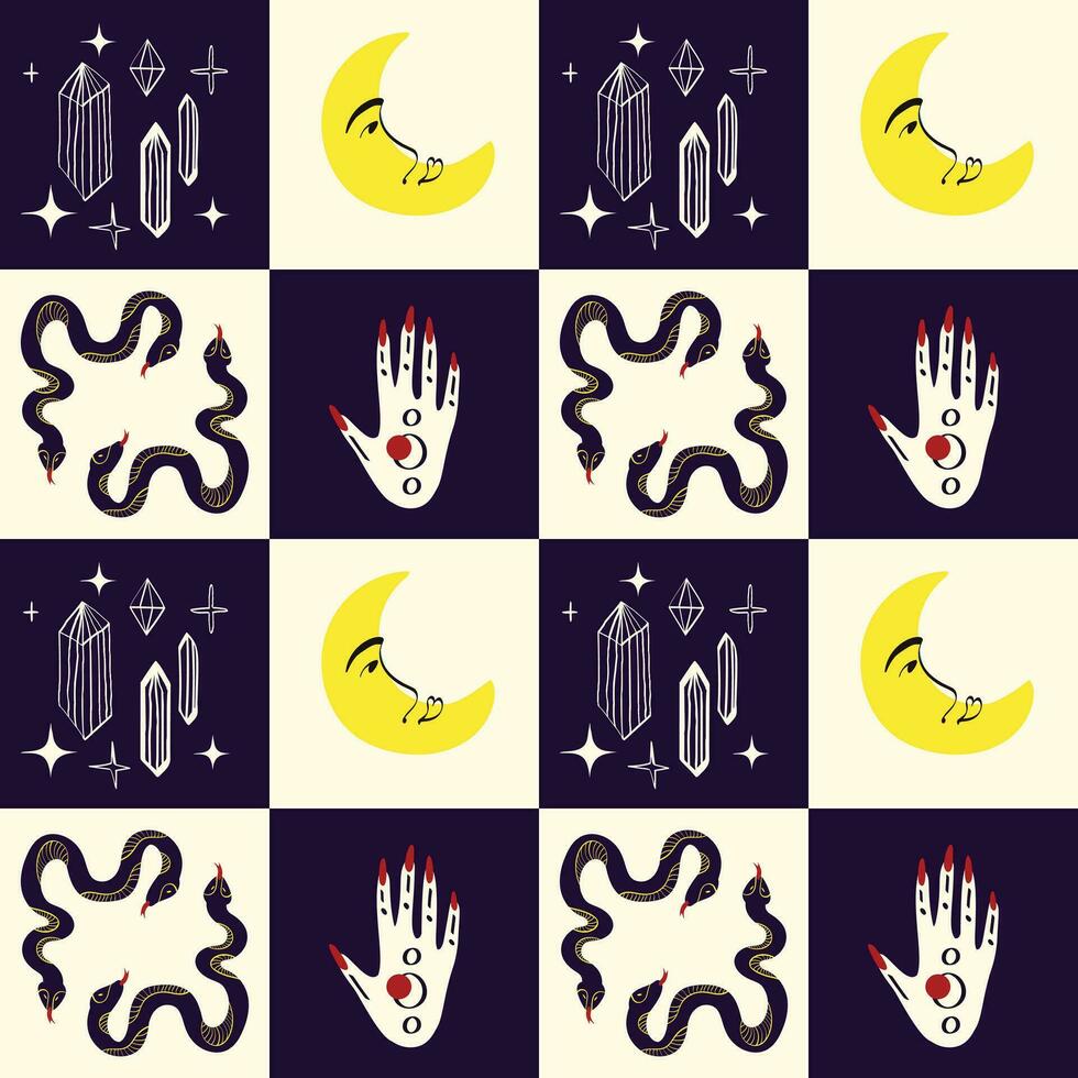 gespenstisch mystisch Muster mit magisch Symbole Schlangen, Mond, Hände. vektor
