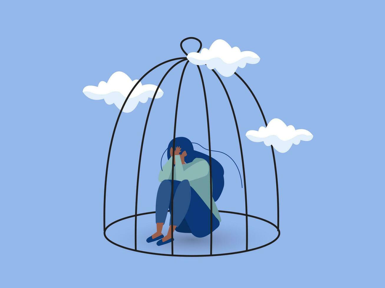 ledsen svart kvinna Sammanträde inuti de stängd bur. inflytande av låsning på mental hälsa. begrepp av restriktioner på mänsklig rättigheter och friheter i samhälle. vektor illustration