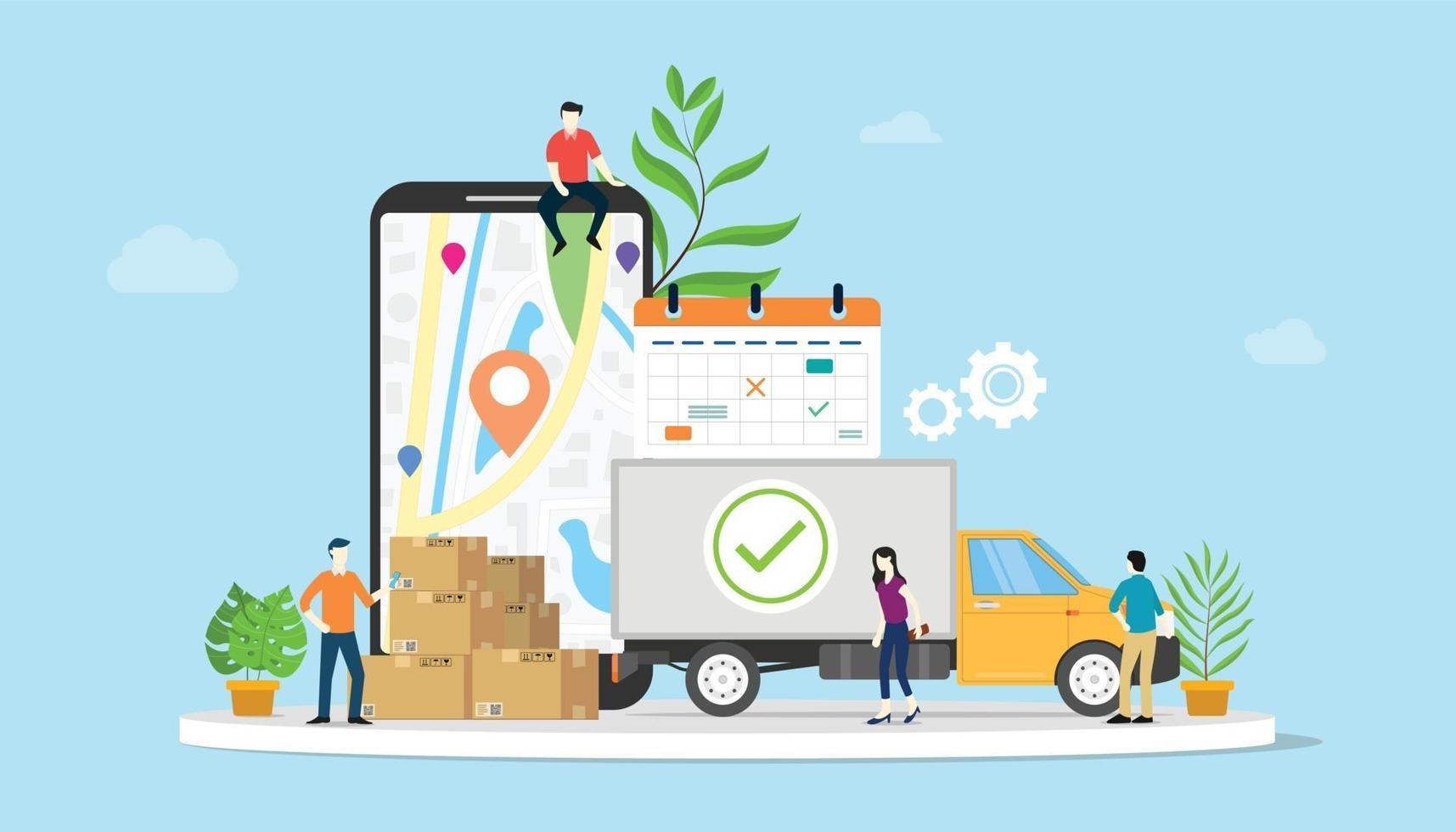 E-Commerce-Konzept für die Online-Lieferung von Waren mit Team People Truck vektor