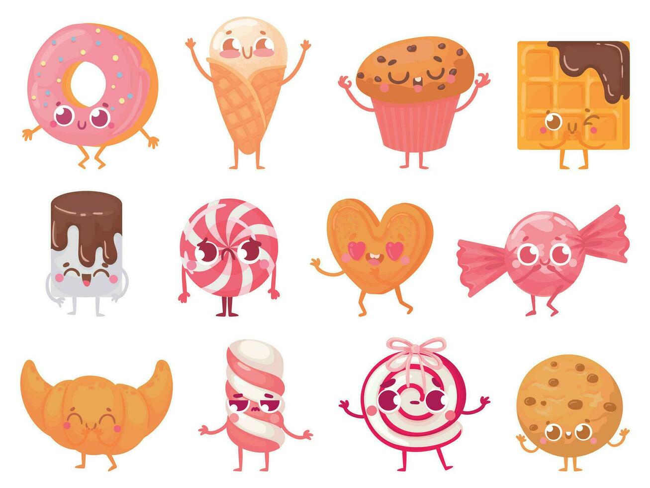 süß Süßigkeiten. glücklich Cupcake Maskottchen, komisch Süss Süßigkeiten Charakter und lächelte Krapfen. Kekse, Eis Sahne und Croissant Karikatur Maskottchen Vektor Illustration einstellen