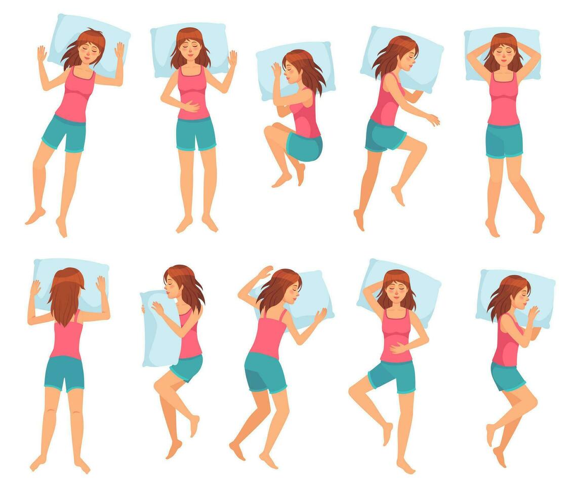 kvinna sover i annorlunda poserar. friska natt sova, sovande utgör och kvinna karaktär sömn på kudde tecknad serie vektor illustration uppsättning