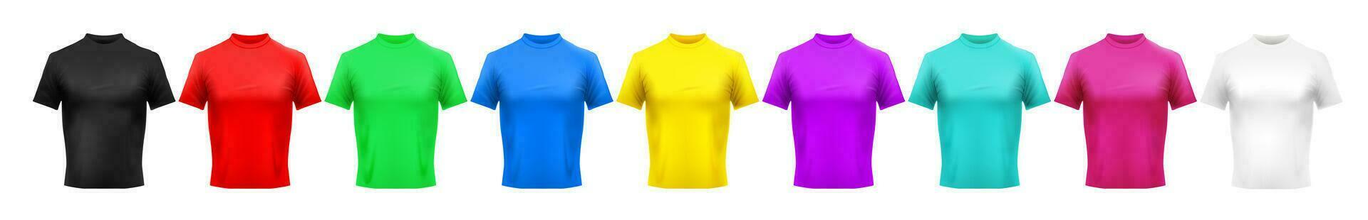 realistisch Farbe T-Shirt Attrappe, Lehrmodell, Simulation. Rot, Grün und Blau Männer Kleidung. Gelb, lila und cyan farbig Shirt. Rosa, schwarz und Weiß Hemden Vorlage Vektor einstellen