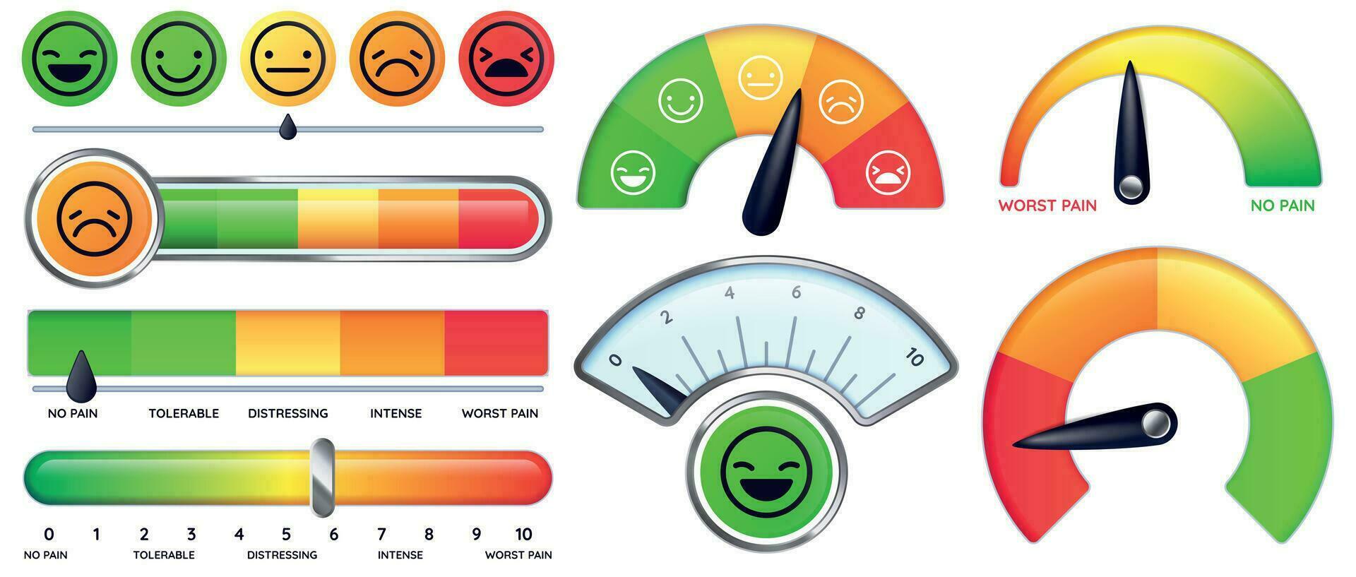 smärta skala meter. leende och ledsen känsla mäta, Nej smärta och värst smärta skalor vektor uppsättning