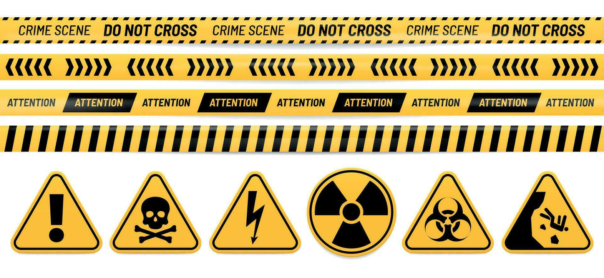 Achtung Band und unterzeichnen. Aufmerksamkeit, Gift, hoch Stromspannung, Strahlung, Biogefährdung und fallen Warnung Zeichen. Vorsicht Band Vektor einstellen