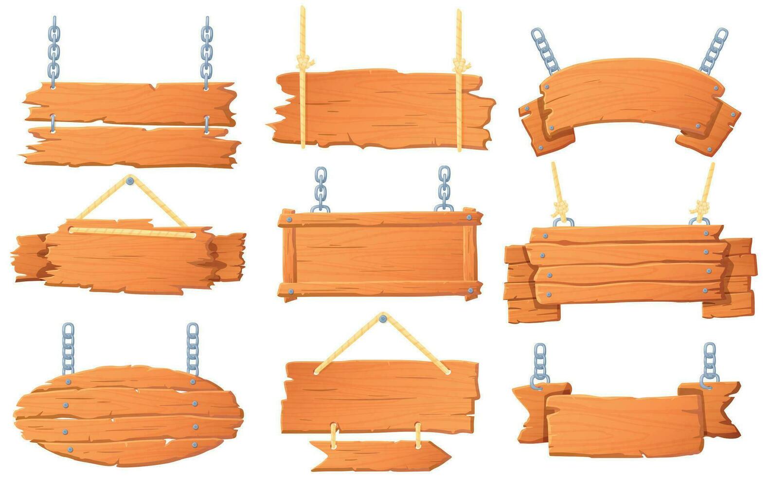 hängande trä- banderoller. trä styrelse på rep, hängd skylt och baner med trä textur tecknad serie vektor uppsättning