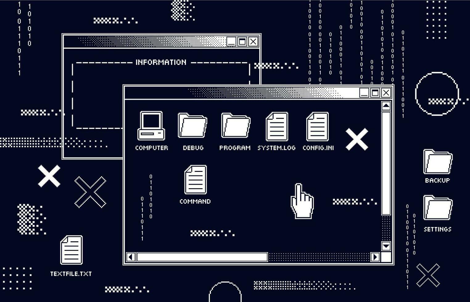 abstrakt 80s gränssnitt. retro dator svart skärm med gammal program mörk ui, program tekniskt fel och hacka eller virtuell virus ge sig på vektor illustration