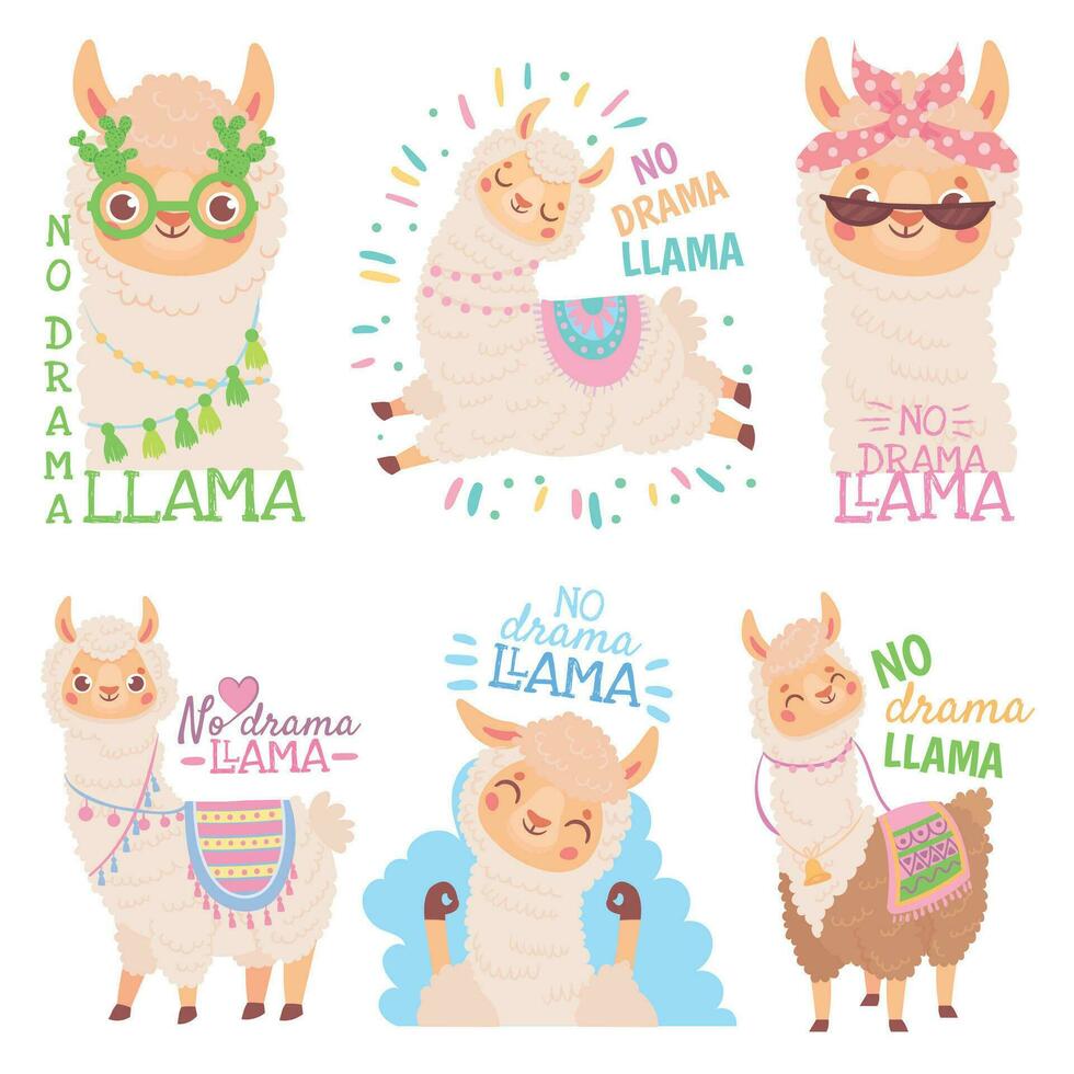 Nej drama lama. rolig lamadjur eller söt alpacas Citat, Lycklig mexikansk alpacka vektor illustration uppsättning