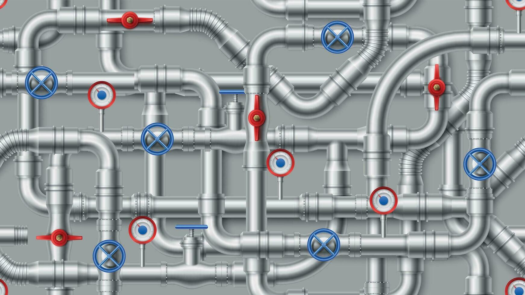 industriell Pipeline Muster. Stahl Wasser Rohre, Metall Rohr mit Ventil nahtlos Vektor Hintergrund Illustration