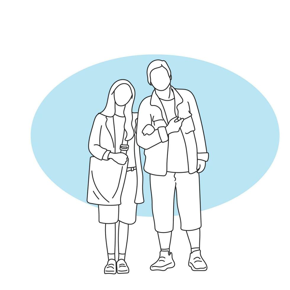 Liebhaber Paar Arm im Arm Stehen zusammen Illustration Vektor Hand gezeichnet isoliert auf Blau und Weiß Hintergrund